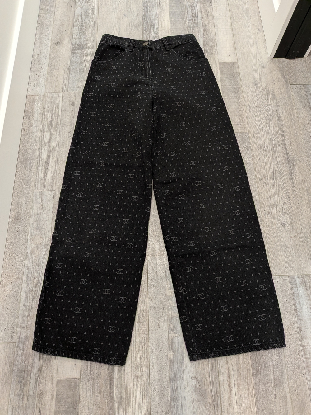 CHANEL Black Logo Jacquard Wide-Leg Jeans